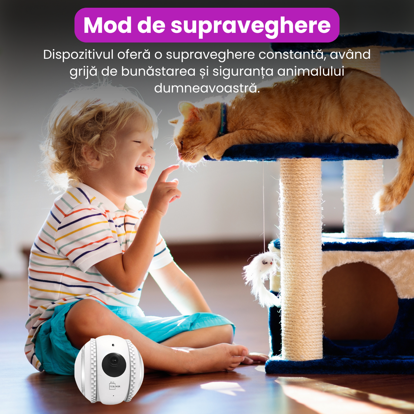 Jucarie smart interactiva pentru pisici, camera duala 4K, comunicare bidirectionala, baterie 800 mAh, rotire 360°, incarcare USB, alb