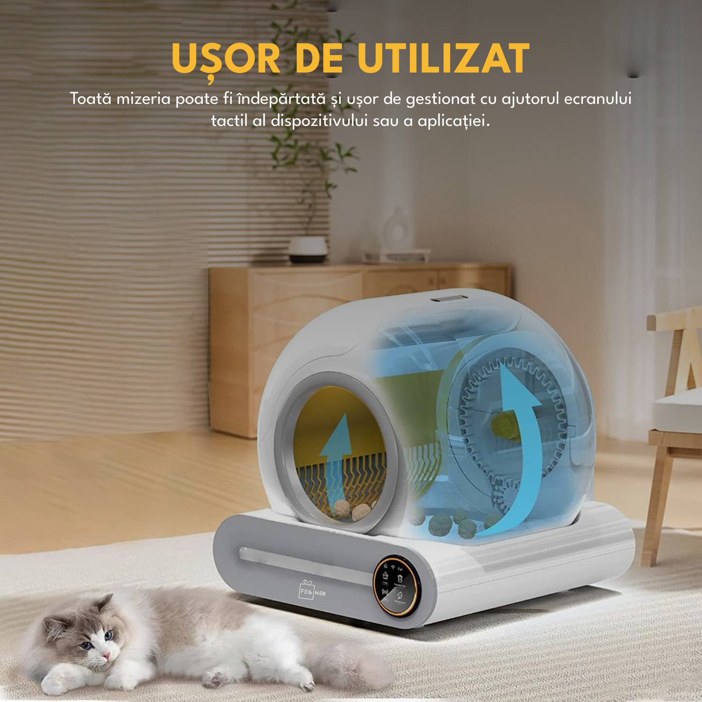 Litiera automata, pentru pisici, extra saci inclusi, auto-curatare, elimina mirosurile, aplicatie mobila, capacitate deseuri 9L, sterilizare UV, alb