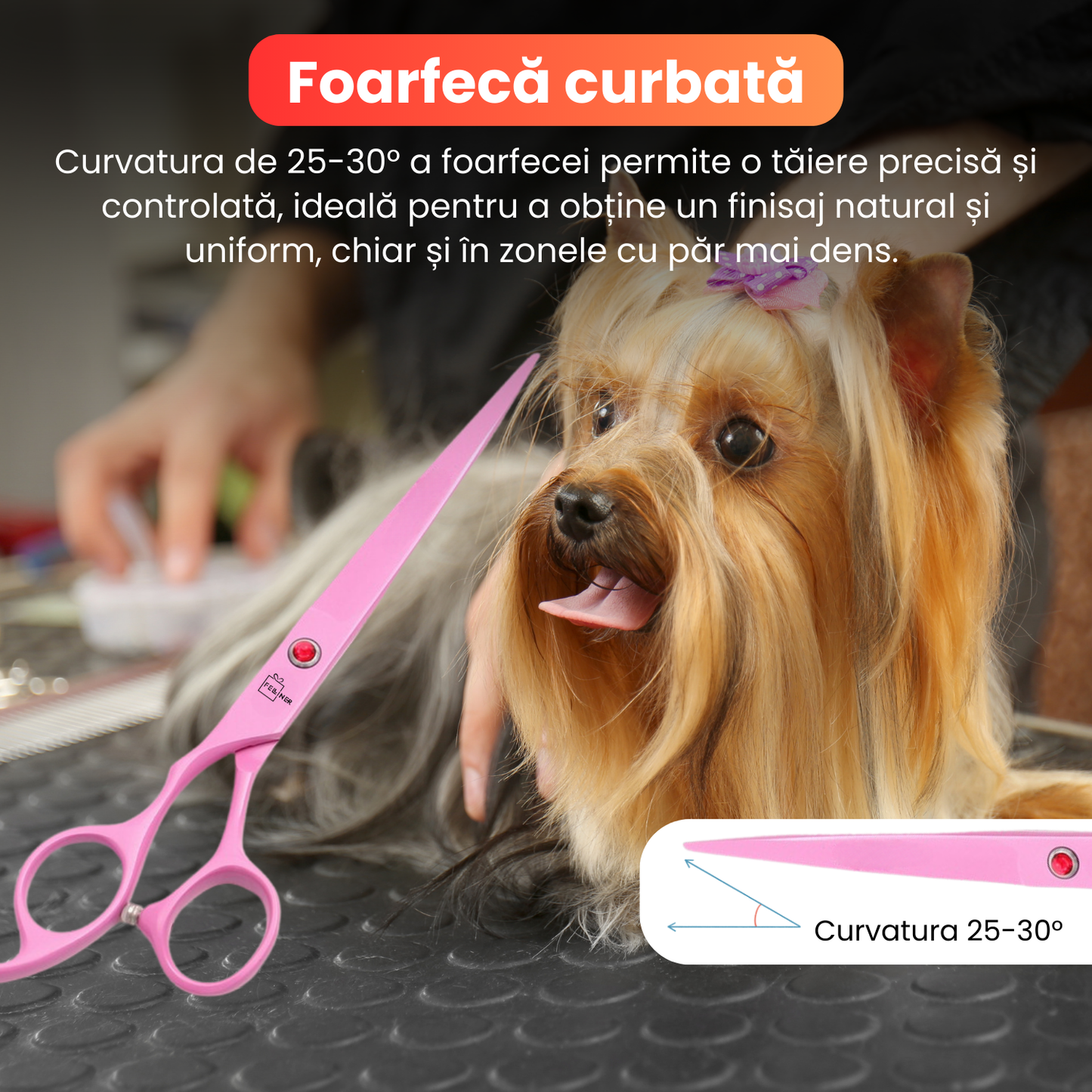 Set de 3 foarfece profesionale pentru tuns animale, cu pieptan si cutie de depozitare, design ergonomic, otel inoxidabil, prevenirea ruginii, rezistent la coroziune, usor de utilizat, roz