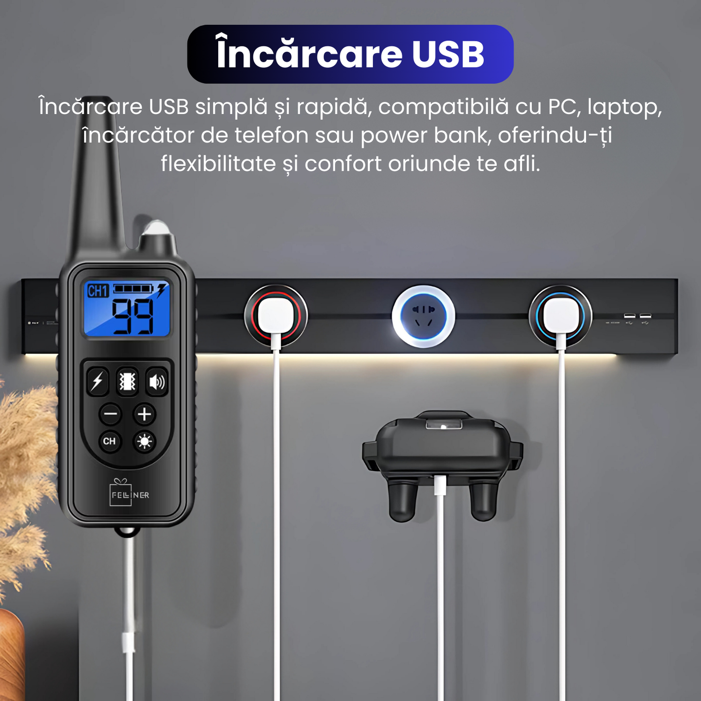 Zgarda electrica pentru 2 caini, baterie 300 mAh, raza 800 m, 3 moduri de antrenament, 99 nivele de vibratii, rezistenta la apa IP67, protectie piele, zgarda reglabila, negru