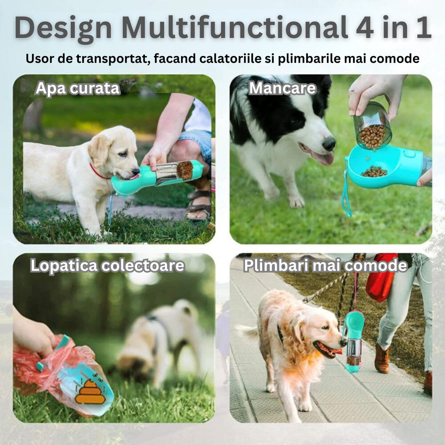 Dispenser portabil, multifunctional 4in1, pentru caini, cu castron, rezervor apa 300ml, recipient hrana 150ml, suport pungi igienice si lopatica pentru colectare excremente, turcoaz