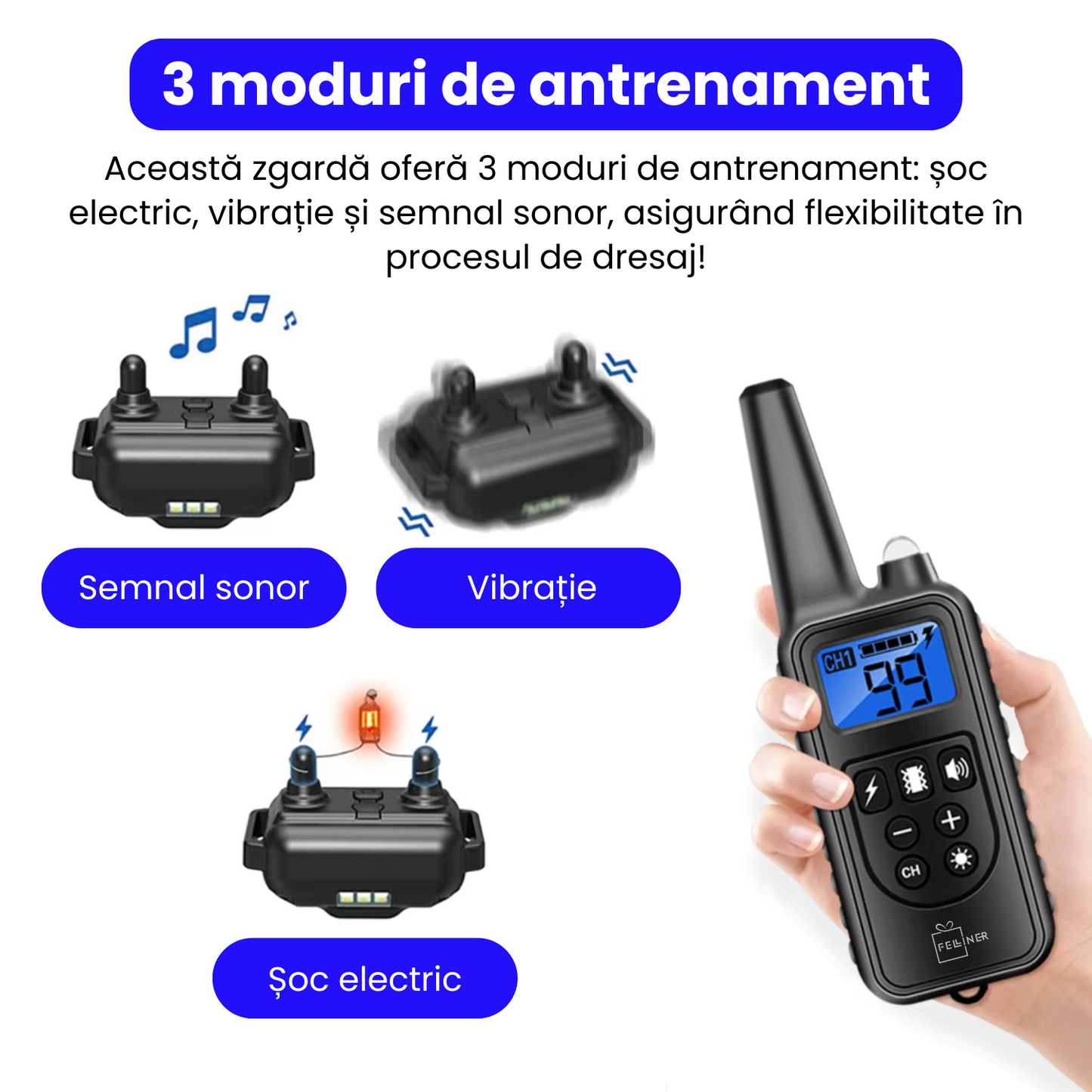 Zgarda electrica pentru dresaj caini, 880-3, 99 nivele de vibratii, baterie 300 mAh, raza 800m, 3 moduri antrenament, IP67, electrozi cauciucati, protectie piele, zgarda reglabila, negru