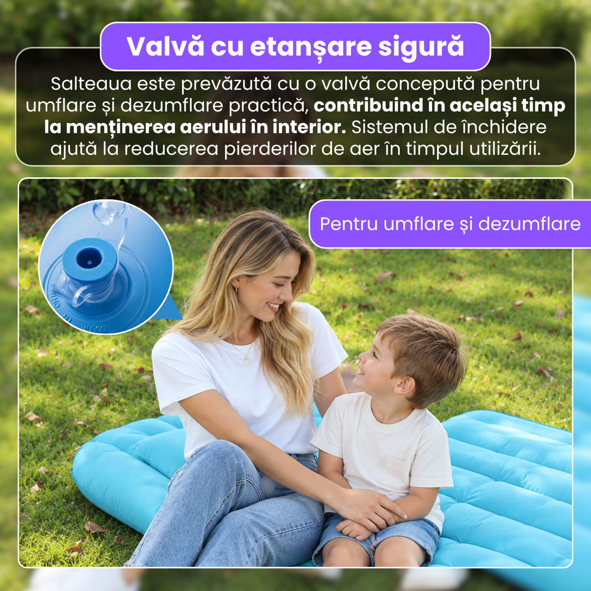 Saltea auto gonflabila, 3 in 1, PVC cu suprafata flocata, 175 x 125 cm, 2 perne, 2 suporturi gonflabile, pompa electrica si adaptoare, pentru calatorii, camping si relaxare, albastru
