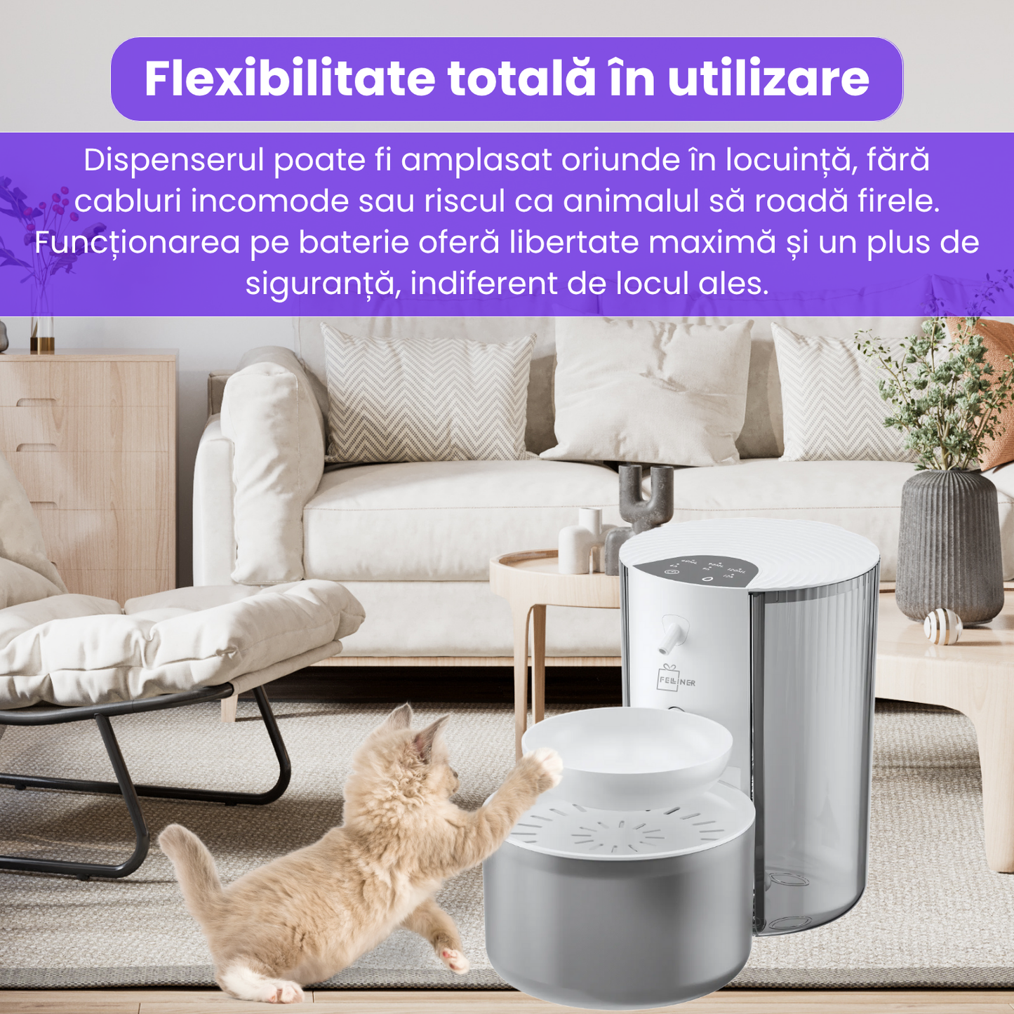 Dispenser inteligent de apa pentru pisici, 3L, reincarcabil, autonomie 180 zile, control volum si frecventa, sistem de filtrare in mai multe etape, nivel redus de zgomot, alb