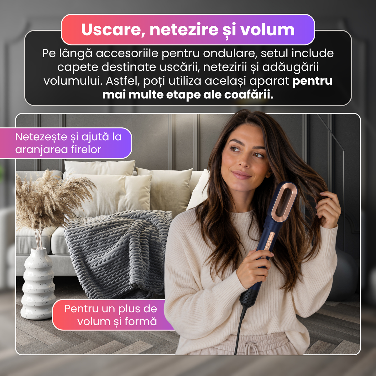 Aparat de coafat 6 in 1, 1400W, motor BLDC pana la 110.000 RPM, 3 trepte de temperatura, aer rece, accesorii interschimbabile, cablu rotativ 360°, 220-240V, albastru
