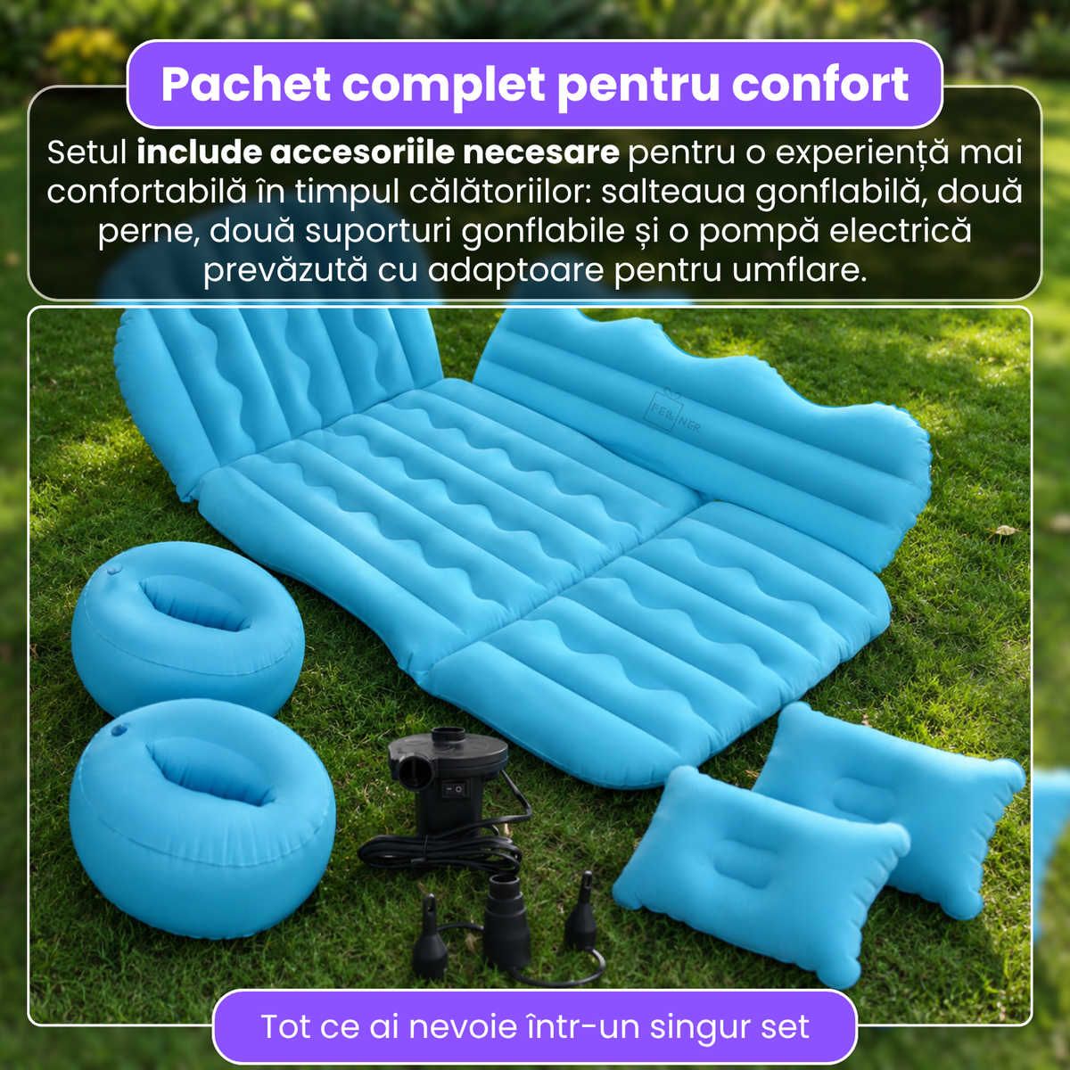 Saltea auto gonflabila, 3 in 1, PVC cu suprafata flocata, 175 x 125 cm, 2 perne, 2 suporturi gonflabile, pompa electrica si adaptoare, pentru calatorii, camping si relaxare, albastru