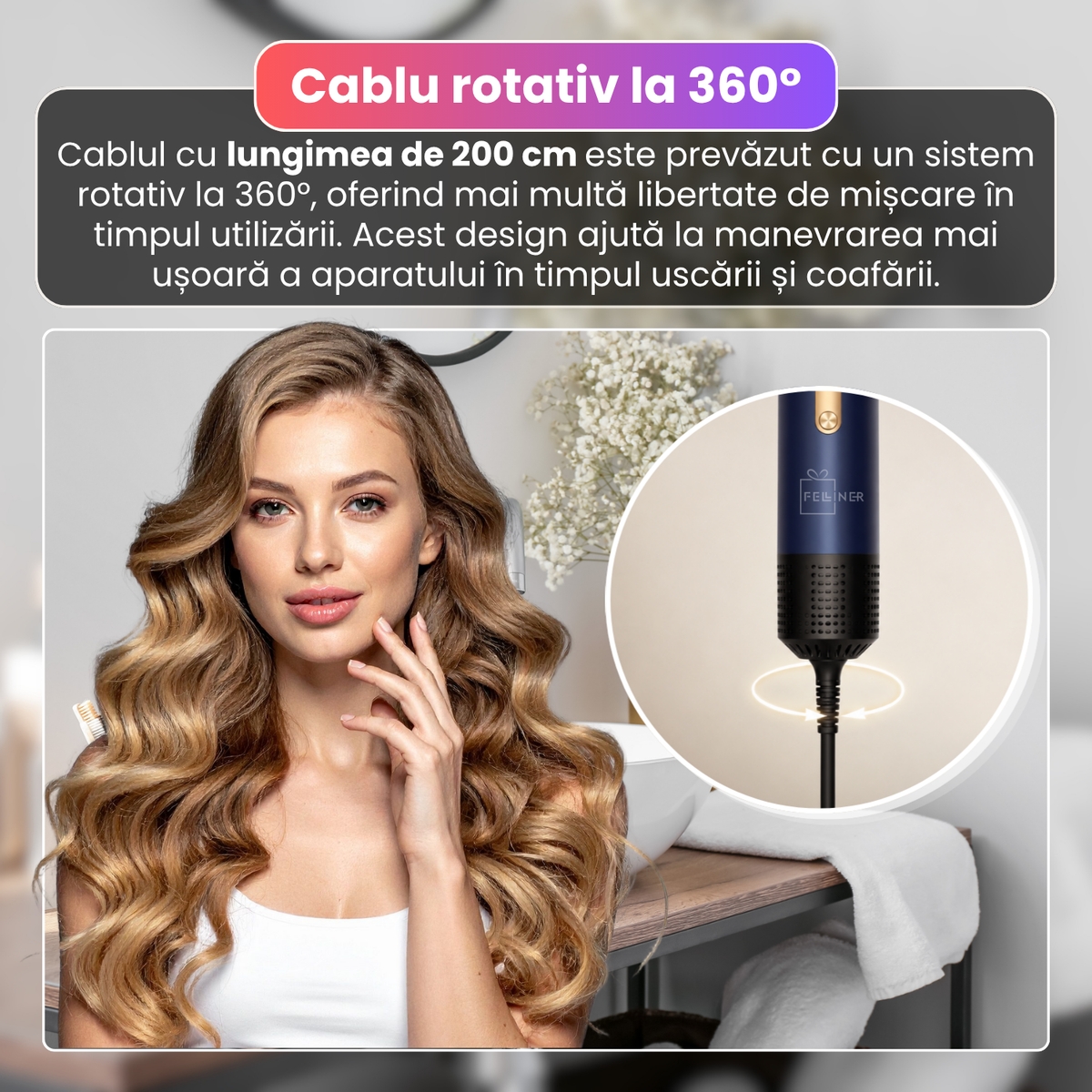Aparat de coafat 6 in 1, 1400W, motor BLDC pana la 110.000 RPM, 3 trepte de temperatura, aer rece, accesorii interschimbabile, cablu rotativ 360°, 220-240V, albastru