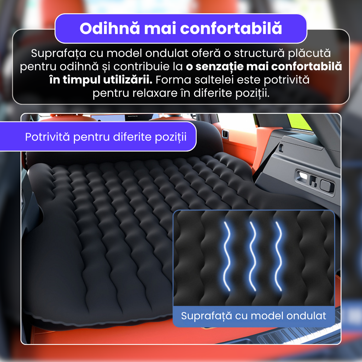 Saltea gonflabila auto, 135x170x18 cm, pompa electrica integrata, PVC si suprafata flocata, design ondulat, pentru calatorii, camping si exterior, utilizare 4 anotimpuri, negru