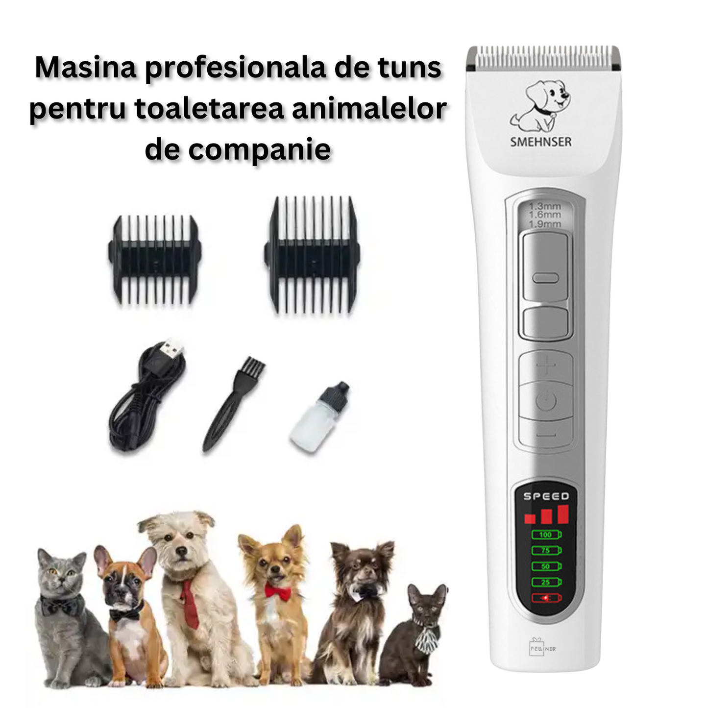 Masina de tuns profesionala pentru caini si pisici, fara fir, 7000RPM, autonomie 190min, lama ceramica, ecran digital LCD, alb