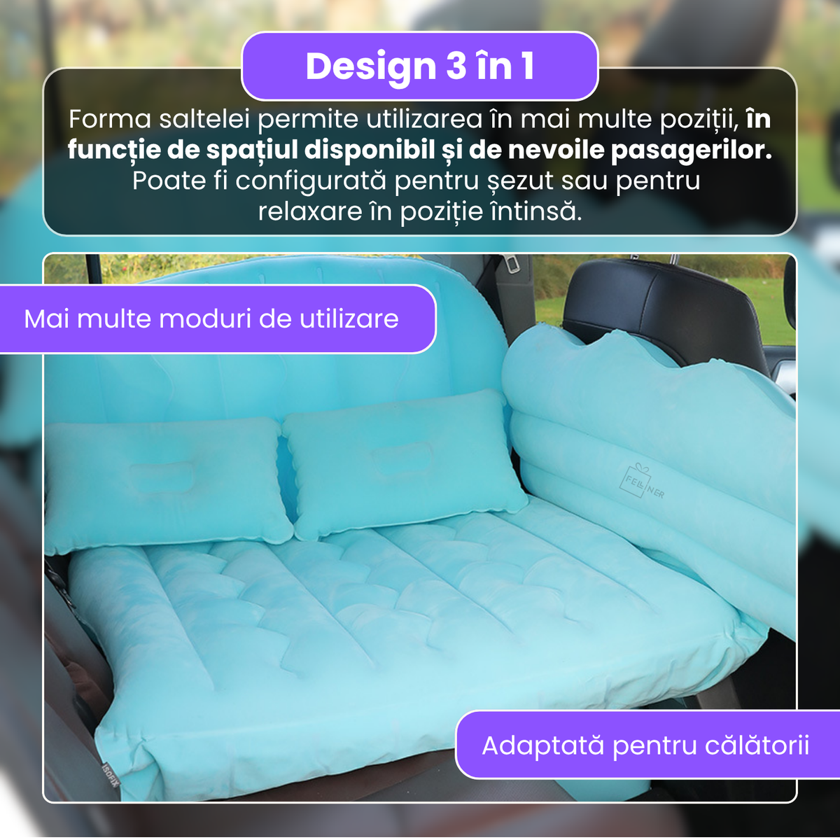 Saltea auto gonflabila, 3 in 1, PVC cu suprafata flocata, 175 x 125 cm, 2 perne, 2 suporturi gonflabile, pompa electrica si adaptoare, pentru calatorii, camping si relaxare, albastru