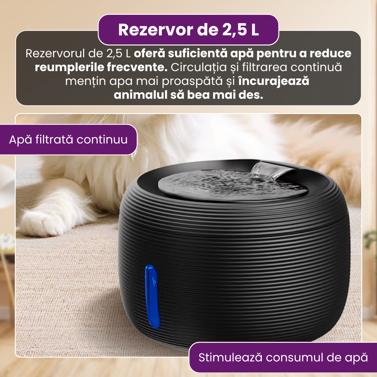 Fantana automata de apa pentru pisici si caini, 2.5 L, filtrare continua, pompa ultra-silentioasa sub 20 dB, protectie dry-run, alimentare USB, filtru pentru impuritati, design modern, negru