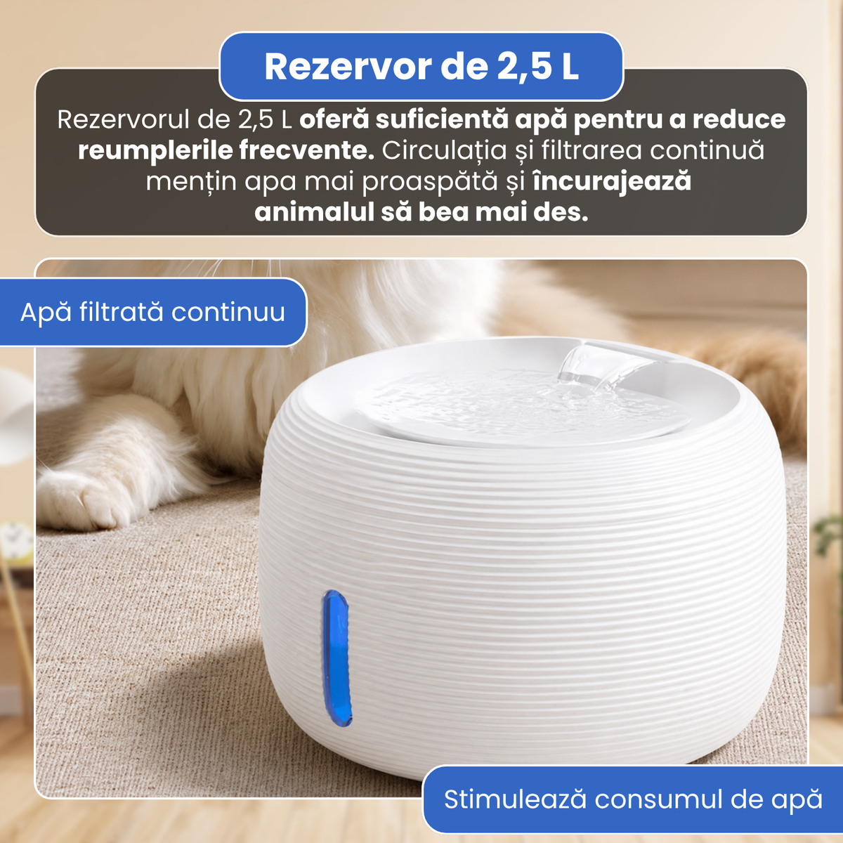 Fantana automata de apa pentru pisici si caini, 2.5 L, filtrare continua, pompa ultra-silentioasa sub 20 dB, protectie dry-run, alimentare USB, filtru pentru impuritati, design modern, alb