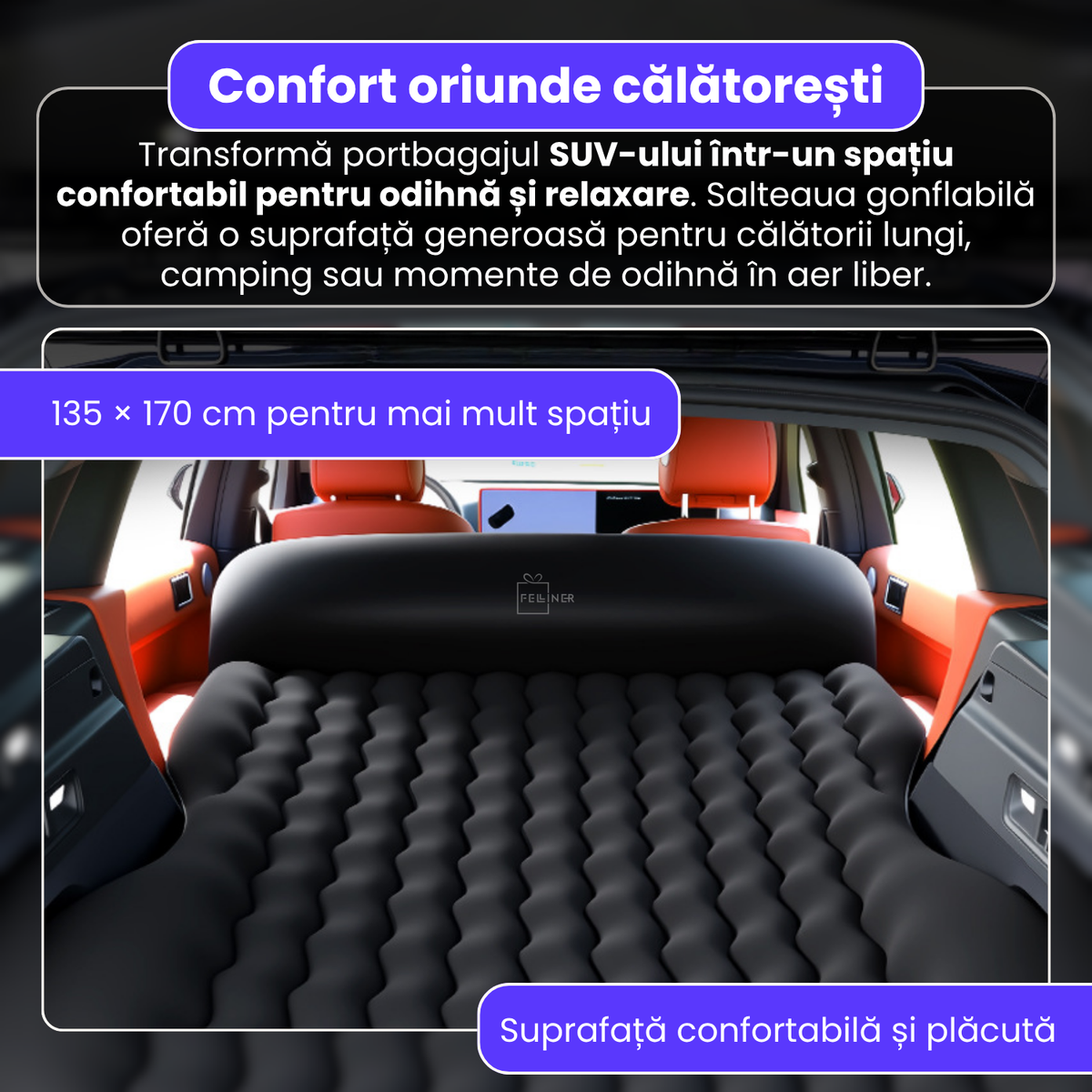 Saltea gonflabila auto, 135x170x18 cm, pompa electrica integrata, PVC si suprafata flocata, design ondulat, pentru calatorii, camping si exterior, utilizare 4 anotimpuri, negru