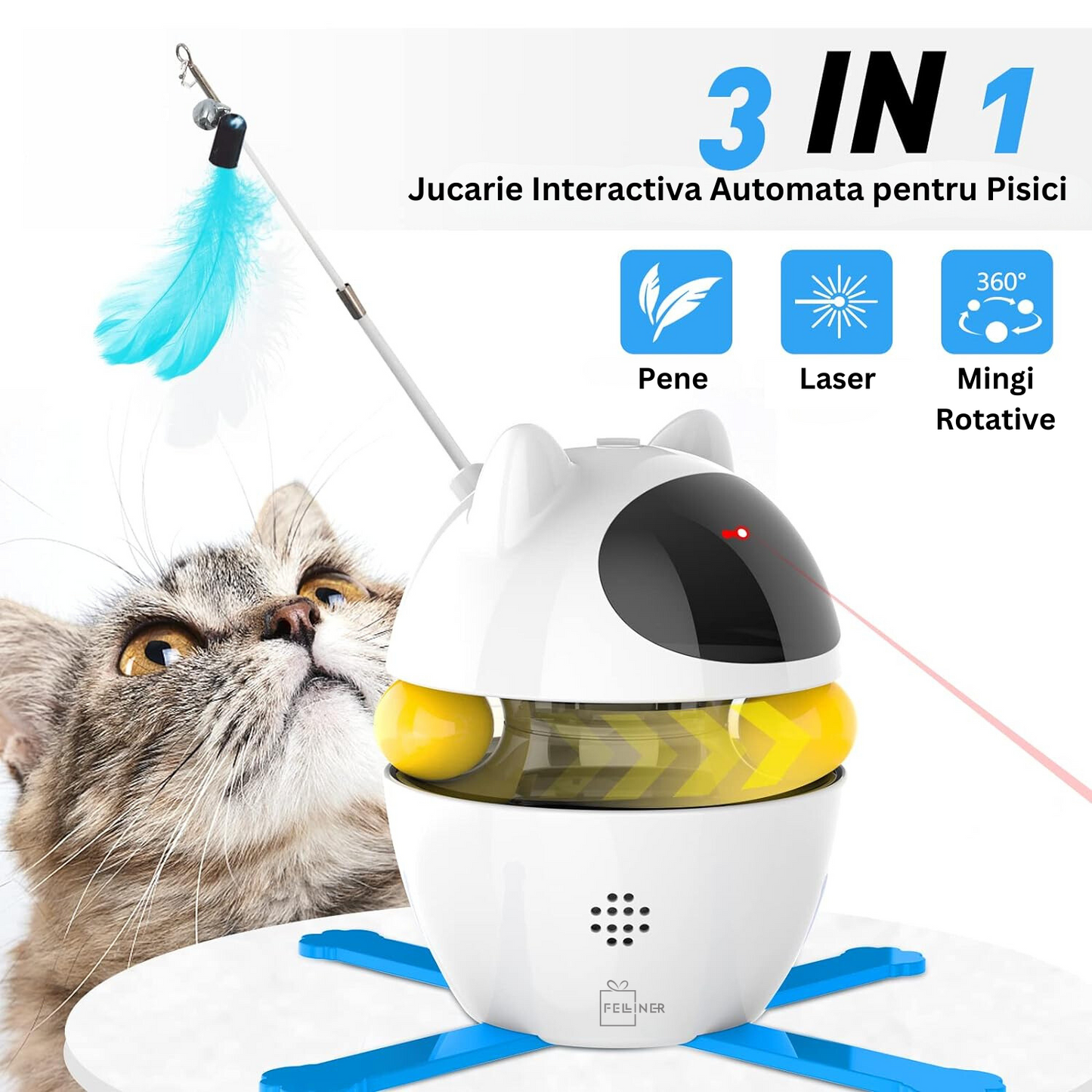 Jucarie interactiva pentru pisici, Felliner, automata 3in1, laser, mingi, panglica, rotatie 360¡, alb