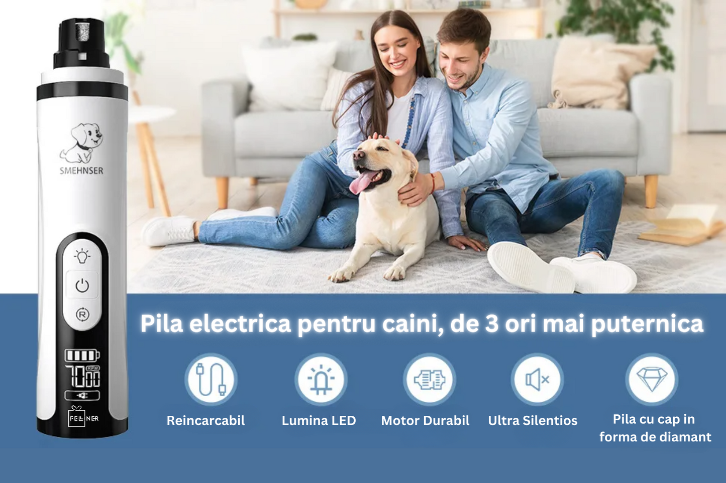 Pila electrica de unghii pentru animale de companie, ultra silentios, LED, 9000 RPM, 3 viteze, ecran LCD, alb