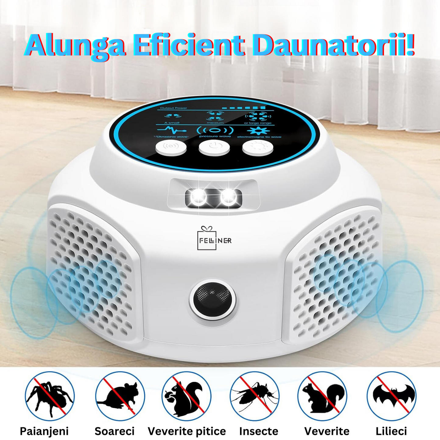 Dispozitiv cu ultrasunete impotriva rozatoarelor si a daunatorilor, sigur pentru om si animale de companie, actiune 360⁰, acoperire 120m2, 4 niveluri intensitate, Lumini intermitente, Alb