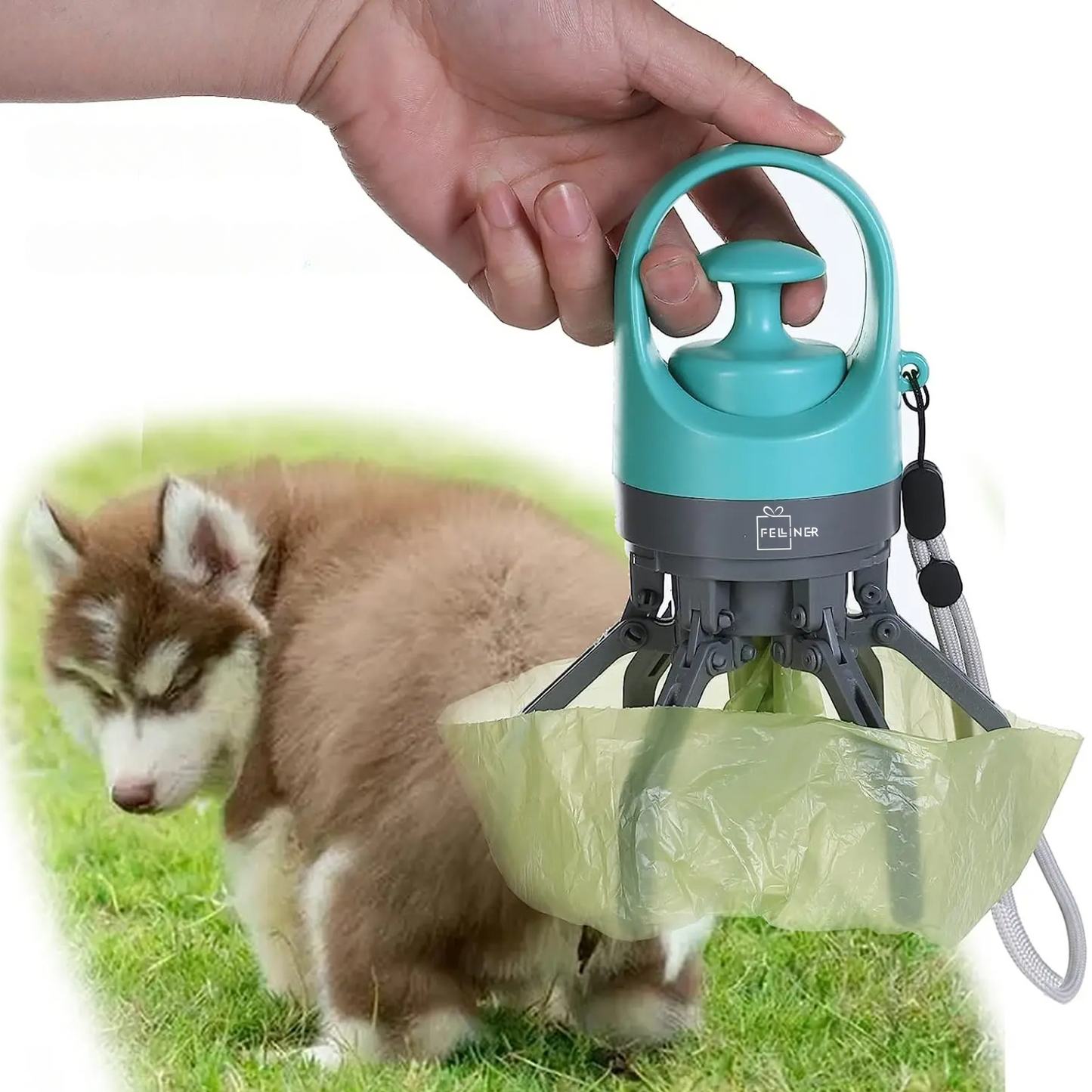 Colector excremente animale de companie, caini, pisici, Felliner, dispozitiv portabil pentru adunarea igienica a deseurilor, cleste cu 6 gheare, ABS, 6.5x19 cm, compartiment saci integrat, albastru