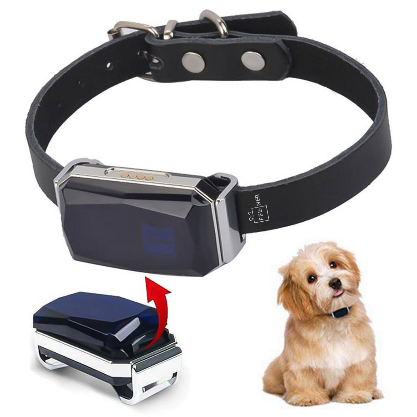 Zgarda inteligenta cu localizare pentru animale, GPS tracker, Felliner, rezistenta la apa, monitorizare prin aplicatie, Negru