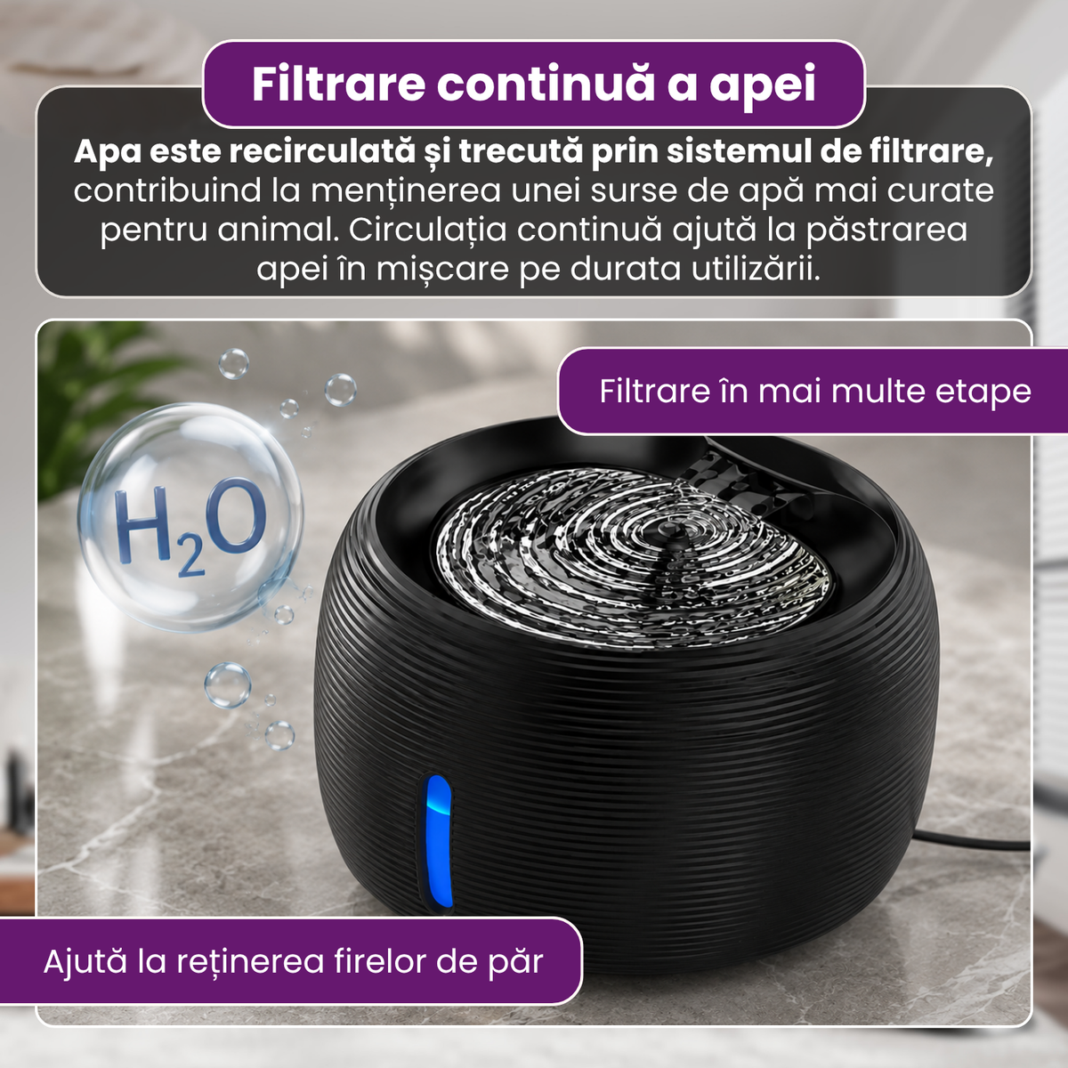 Fantana automata de apa pentru pisici si caini, 2.5 L, filtrare continua, pompa ultra-silentioasa sub 20 dB, protectie dry-run, alimentare USB, filtru pentru impuritati, design modern, negru