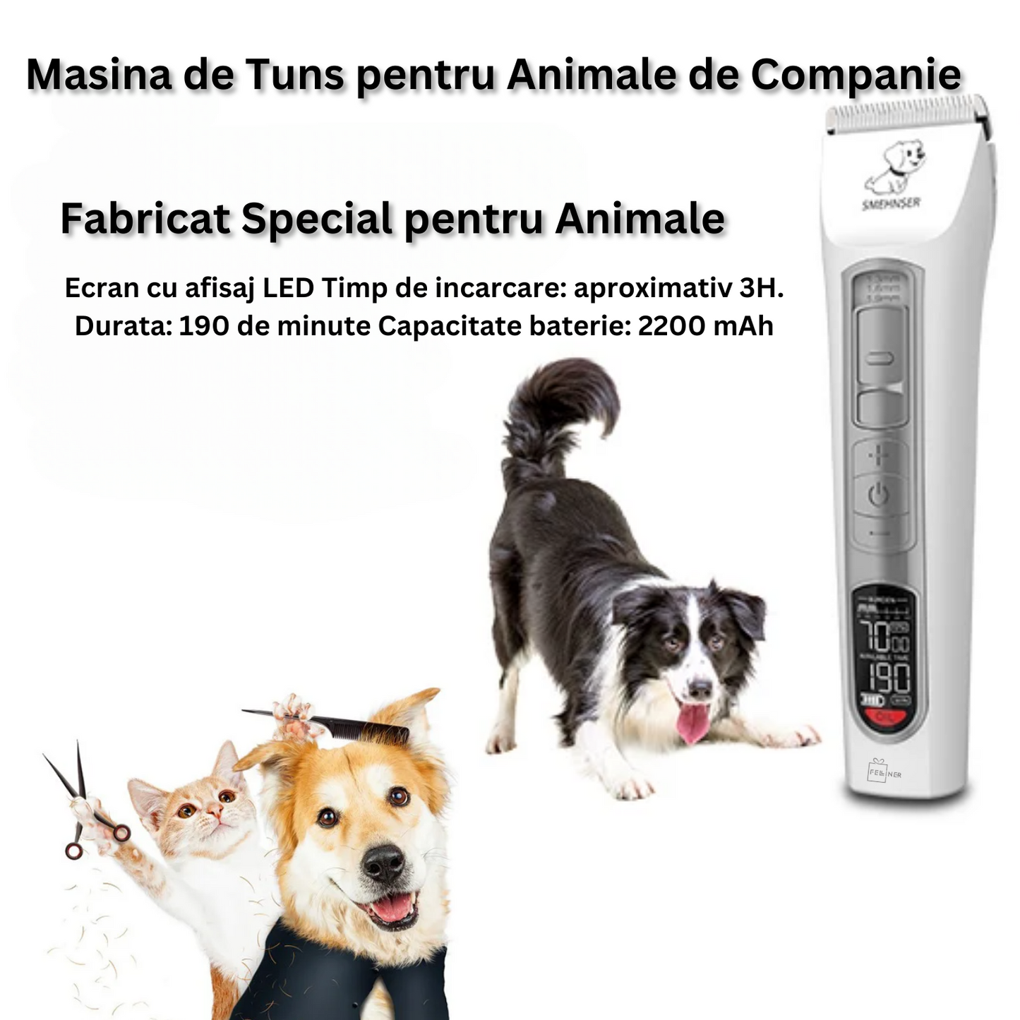 Masina de tuns profesionala pentru caini si pisici, fara fir, 7000RPM, autonomie 190min, lama ceramica, ecran digital LCD, alb