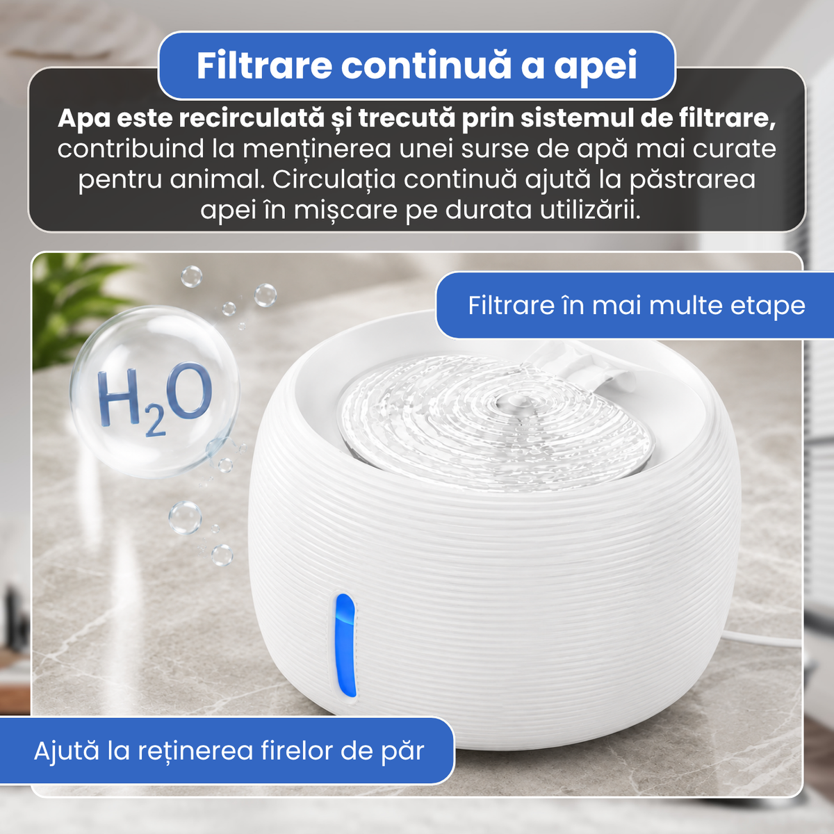 Fantana automata de apa pentru pisici si caini, 2.5 L, filtrare continua, pompa ultra-silentioasa sub 20 dB, protectie dry-run, alimentare USB, filtru pentru impuritati, design modern, alb