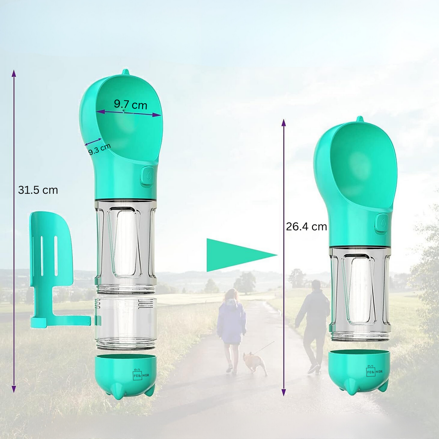 Dispenser portabil, multifunctional 4in1, pentru caini, cu castron, rezervor apa 300ml, recipient hrana 150ml, suport pungi igienice si lopatica pentru colectare excremente, turcoaz
