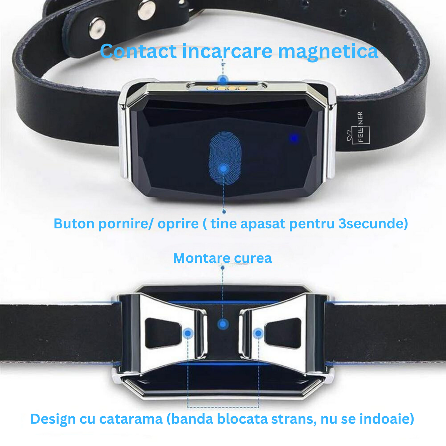 Zgarda inteligenta cu localizare pentru animale, GPS tracker, Felliner, rezistenta la apa, monitorizare prin aplicatie, Negru