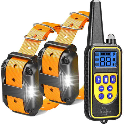 Zgarda electrica profesionala pentru dresaj, pentru 2 caini, reincarcabila, 800m raza actiune, rezistenta la apa si praf, electrozi cauciucati, protectie piele caine, circumferinta reglabila 21-68 cm, portocaliu