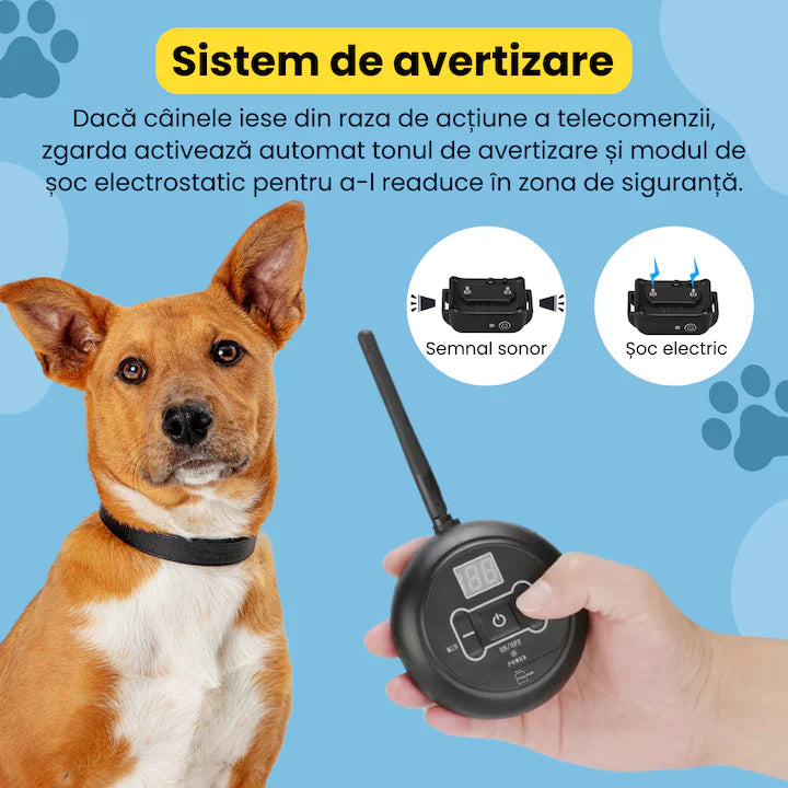 Sistem complet de gard invizibil pentru doi caini, cu transmitator si zgarda reincarcabila si rezistenta la apa IP67, raza de actiune 500 m, baterie 250 mAh, negru