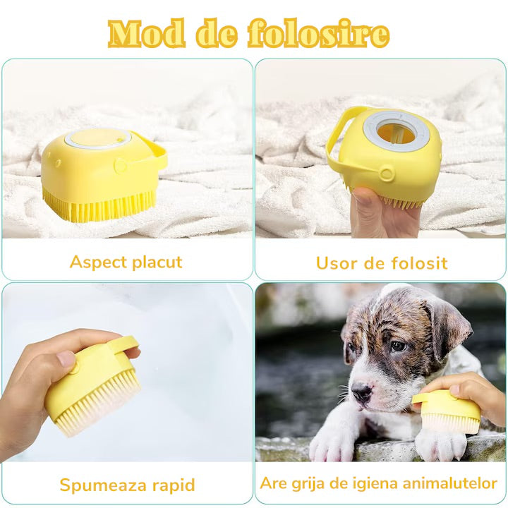 Perie din silicon pentru spalat caini si pisici, Felliner¨, 3 in 1, cu rezervor pentru sampon, galben