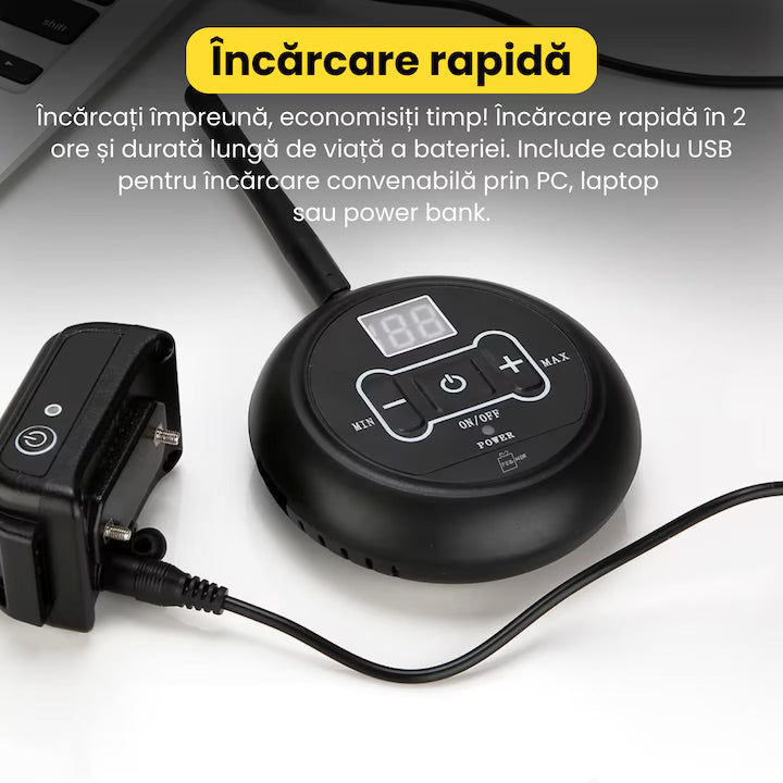 Sistem complet de gard invizibil pentru doi caini, cu transmitator si zgarda reincarcabila si rezistenta la apa IP67, raza de actiune 500 m, baterie 250 mAh, negru