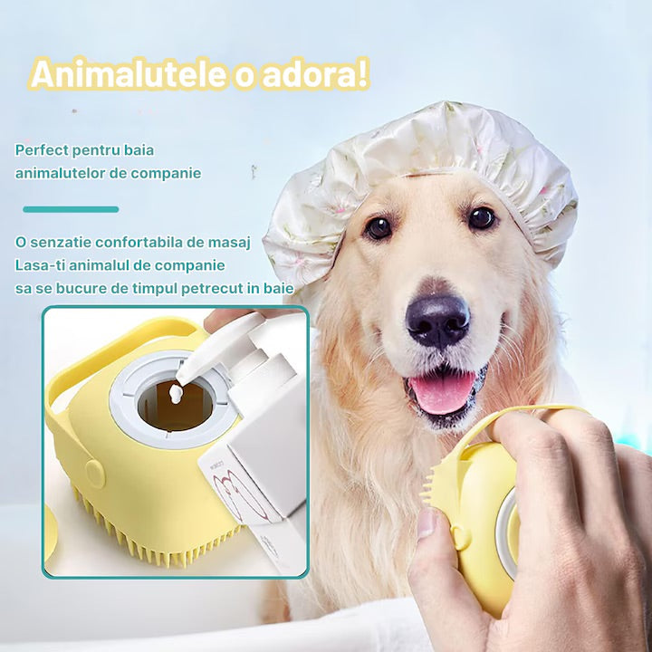 Perie din silicon pentru spalat caini si pisici, Felliner¨, 3 in 1, cu rezervor pentru sampon, galben