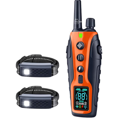 Zgarda electrica reincarcabila pentru dresaj, 2 caini, autonomie 35 zile, iluminare LED, 1200m raza de actiune, 99 nivele, bip, vibratie, soc, portocaliu