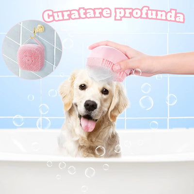 Perie din silicon pentru spalat caini si pisici, Felliner¨, 3 in 1, cu rezervor pentru sampon, roz