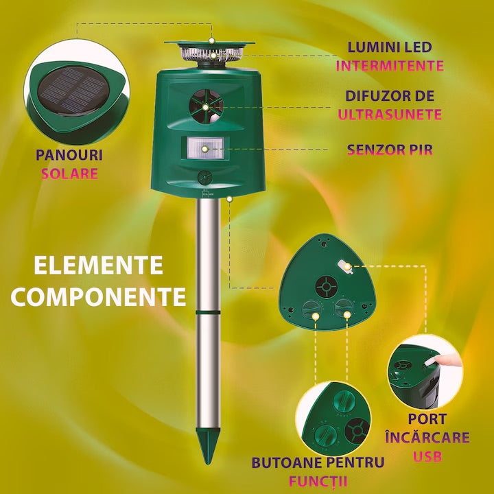 Dispozitiv solar cu ultrasunete, SK-698, impotriva animalelor salbatice, rozatoarelor, cainilor, pisicilor, pasarilor, panou solar 5V, raza de actiune ≥800m², unghi detectie infrarosu 360º, 5 moduri de functionare, rezistent la apa, verde