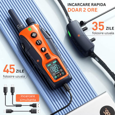Zgarda electrica reincarcabila pentru dresaj, 2 caini, autonomie 35 zile, iluminare LED, 1200m raza de actiune, 99 nivele, bip, vibratie, soc, portocaliu