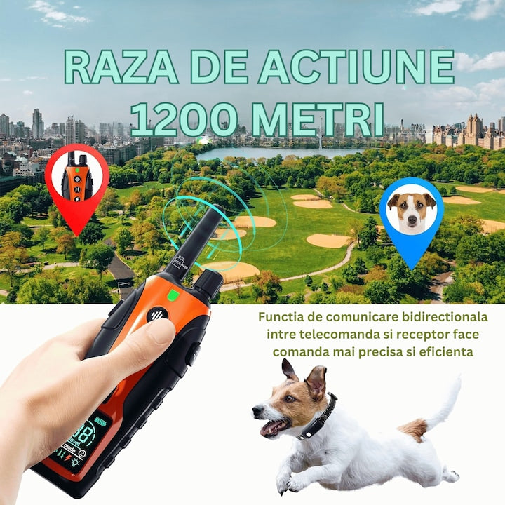 Zgarda electrica reincarcabila pentru dresaj, autonomie 35 zile, iluminare LED, 1200m raza de actiune, 99 nivele, bip, vibratie, soc, portocaliu