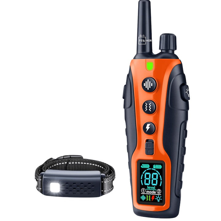 Zgarda electrica reincarcabila pentru dresaj, autonomie 35 zile, iluminare LED, 1200m raza de actiune, 99 nivele, bip, vibratie, soc, portocaliu