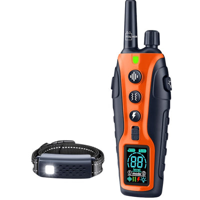 Zgarda electrica reincarcabila pentru dresaj, autonomie 35 zile, iluminare LED, 1200m raza de actiune, 99 nivele, bip, vibratie, soc, portocaliu