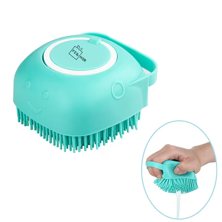 Perie din silicon pentru spalat caini si pisici, Felliner¨, 3 in 1, cu rezervor pentru sampon, albastru