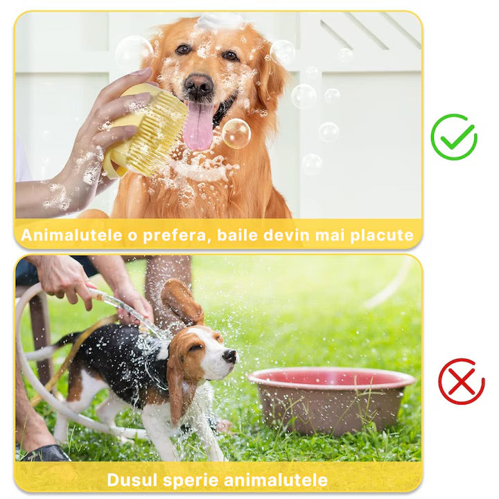 Perie din silicon pentru spalat caini si pisici, Felliner¨, 3 in 1, cu rezervor pentru sampon, galben