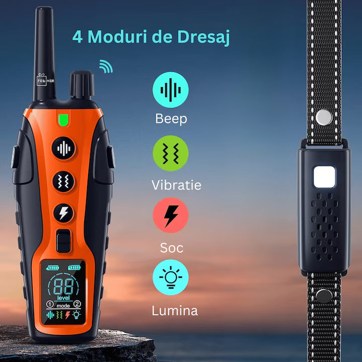 Zgarda electrica reincarcabila pentru dresaj, autonomie 35 zile, iluminare LED, 1200m raza de actiune, 99 nivele, bip, vibratie, soc, portocaliu