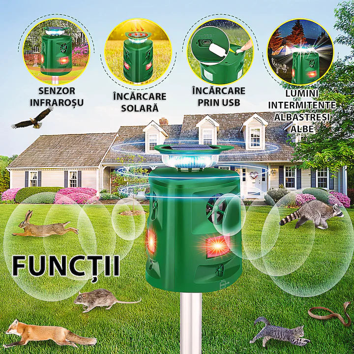 Dispozitiv solar cu ultrasunete, SK-698, impotriva animalelor salbatice, rozatoarelor, cainilor, pisicilor, pasarilor, panou solar 5V, raza de actiune ≥800m², unghi detectie infrarosu 360º, 5 moduri de functionare, rezistent la apa, verde