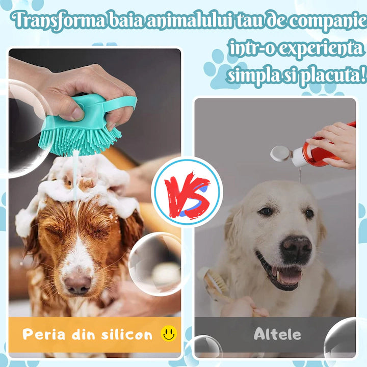 Perie din silicon pentru spalat caini si pisici, Felliner¨, 3 in 1, cu rezervor pentru sampon, albastru