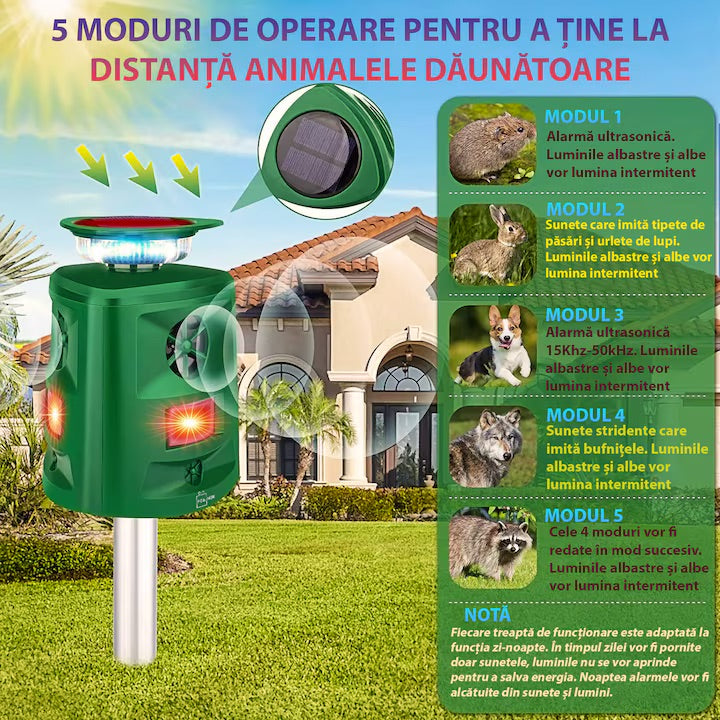 Dispozitiv solar cu ultrasunete, SK-698, impotriva animalelor salbatice, rozatoarelor, cainilor, pisicilor, pasarilor, panou solar 5V, raza de actiune ≥800m², unghi detectie infrarosu 360º, 5 moduri de functionare, rezistent la apa, verde