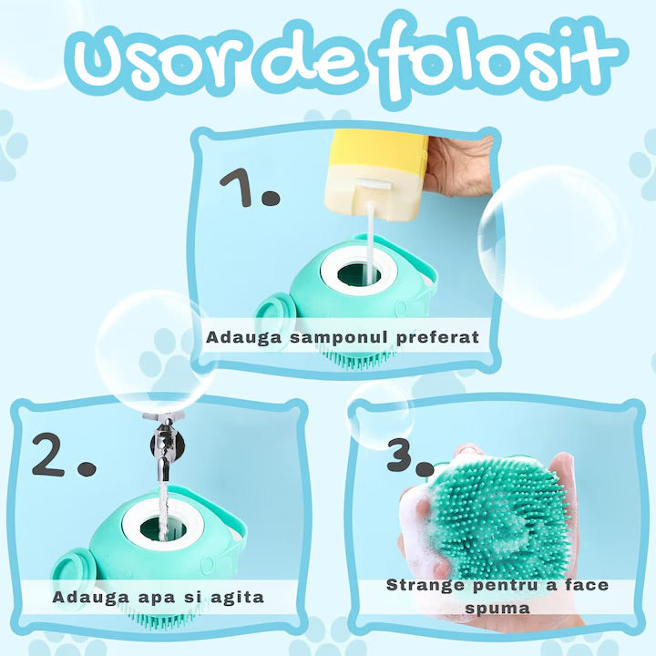 Perie din silicon pentru spalat caini si pisici, Felliner¨, 3 in 1, cu rezervor pentru sampon, albastru