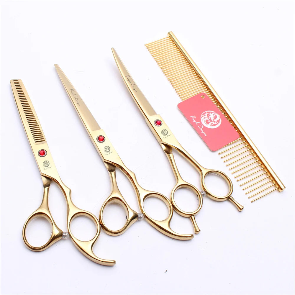 Set de 3 foarfeci profesionale plus pieptan pentru tuns animale cu trusa pentru depozitare, gold