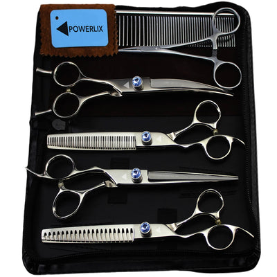 Set de 5 foarfeci 8 inchi profesionale pentru tuns animale,caini , pisici, plus pieptan si geanta depozitare, gri
