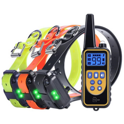 Zgarda electrica profesionala pentru dresaj, pentru 3 caini, reincarcabila, 800m raza actiune, rezistenta la apa si praf, electrozi cauciucati, protectie piele caine, circumferinta reglabila 21-68 cm,